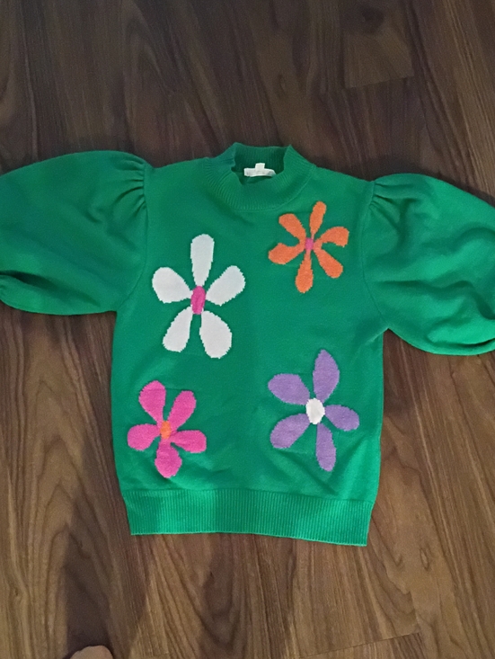 THML Sweaters - THML Green Crewneck Sweater with Multicolor Floral Appliqués